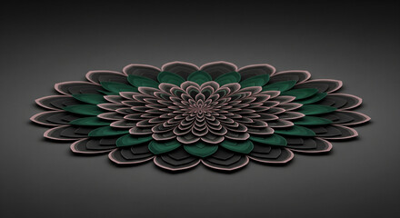 Illustration numérique ou papier peint 3D présentant un motif floral abstrait superposé dans des tons de vert émeraude, de rose pâle et de noir. 