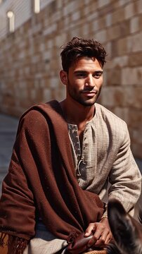 video of a young man riding a donkey through a deserted street in an ancient Middle Eastern city, a concept about travel and faith