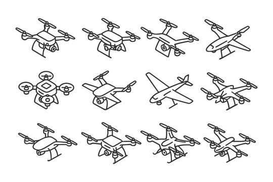 Collection of various drone designs in line art style.