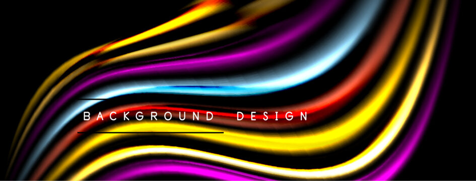 Abstract colorful waves flow across black space. Bright hues blend, creating dynamic visual texture. Text reads background design.
