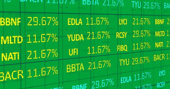 Animation of blue and yellow numbers and stock market statistics rolling over a grid
