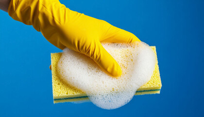 Hand in Yellow Glove Holding Sponge with Foam on Blue Background Cleaning Concept