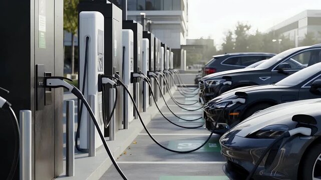 Electric vehicles charging at a row of public charging stations in an outdoor parking lot.