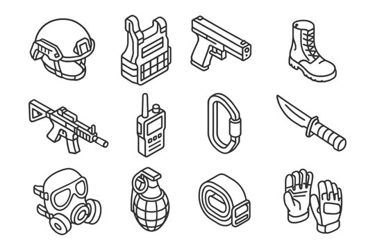 Outline icons of tactical gear: helmet, vest, gun, boots, rifle, radio, carabiner, knife, gas mask, grenade, tape, gloves.