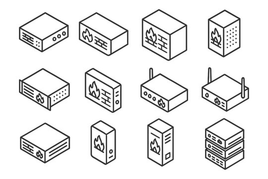 Set of firewall and network security icons in isometric style.