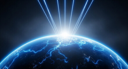 Fototapeta premium Global Energy: A mesmerizing visual depiction showcasing the earth, illuminated by striking blue energy beams, symbolizing the power of science and interconnectedness.