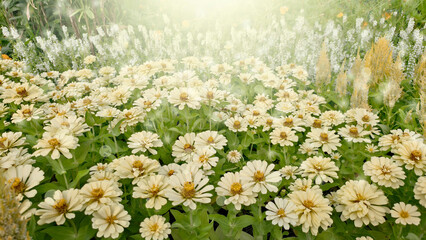 Sun-drenched field of creamy yellow zinnia flowers in park featuring soft morning sun flare and dreamy bokeh overlay for peaceful glowing botanical garden atmosphere