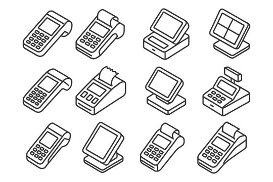 Isometric black and white line icons of payment devices and terminals.