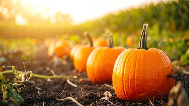 Rows of ripe pumpkins basking in warm sunlight, showing field and earthy details
