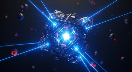 Quantum Nexus: A digital cube pulsates with vibrant energy, emitting radiating beams of light amidst a field of particles.