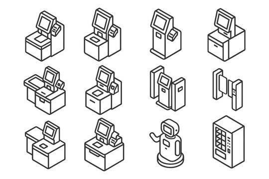 Isometric icons of self-checkout kiosks and vending machines in black and white line art.
