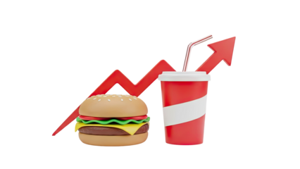 3D Burger and soda with upward trend arrow and graph on transparent background