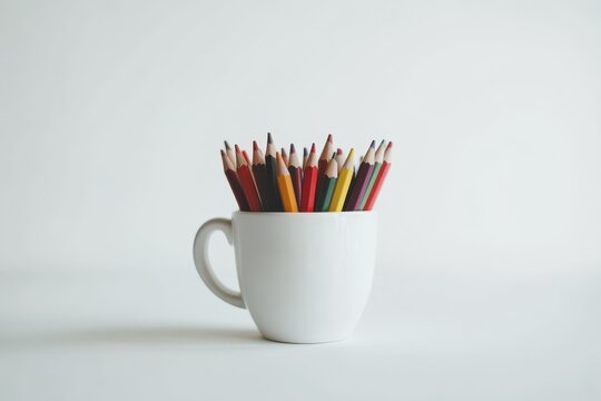 Colorful pencils in white mug on minimalist white background - Powered by Adobe