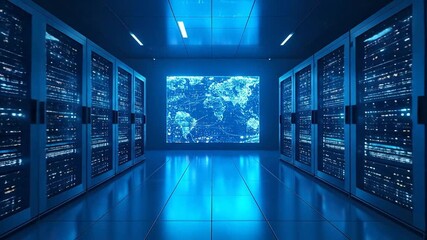 A computer server room with a large screen displaying a world map, glowing blue illumination - Powered by Adobe