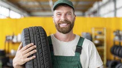 Happy mechanic with tire in workshop for vehicle maintenance and repair services