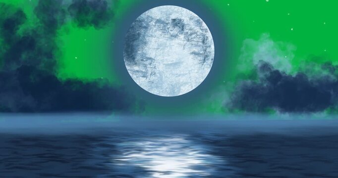 Scene at night with clouds, fog and moon shining and reflecting in water