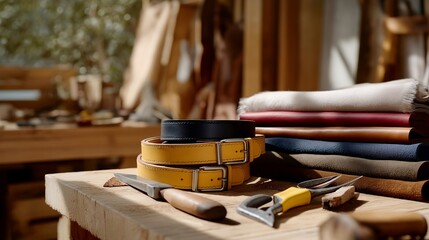 Flat lay of leatherworking tools arranged around unfinished leather goods, including belts, straps, and bags, showcasing artisanal production and maker culture. cinematic color correction, natural