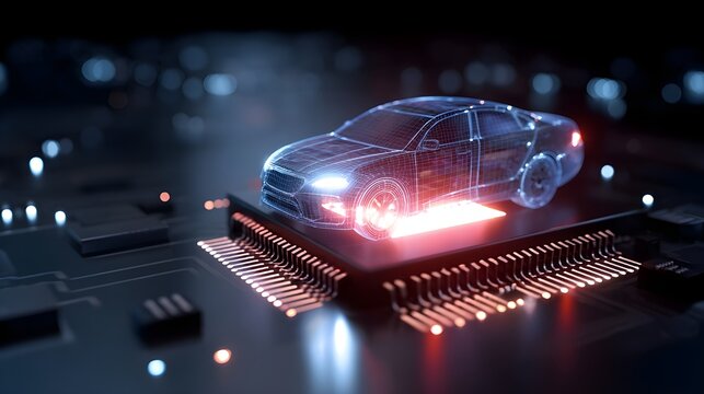 Futuristic Wireframe Sedan Concept on Glowing Semiconductor Microchip Platform