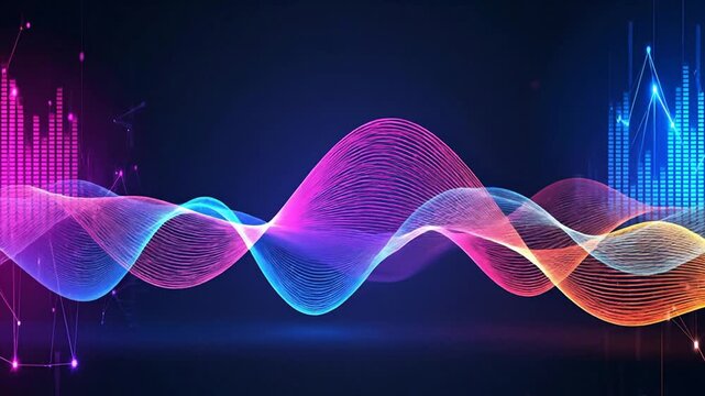 A vibrant abstract image featuring flowing wave patterns in a spectrum of neon colors