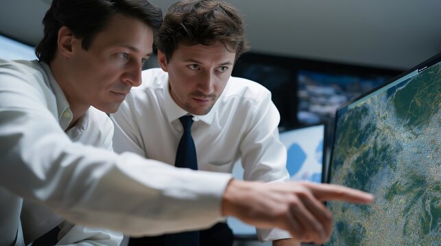 A satellite image projected in a research lab showing the spread of a crisis zone, scientists analyzing the data to advise rescue teams — geospatial intelligence and science-driven emergency - Powered by Adobe