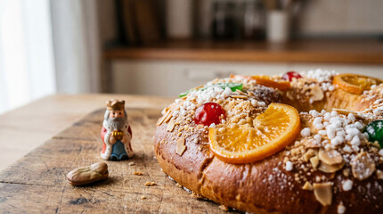 Traditional Roscon de Reyes, a festive Spanish Three Kings Cake for Epiphany. Decorated with candied fruits, almonds, and sugar. Features a symbolic hidden king figurine and fava bean.