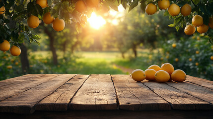 A pile of fresh ripe lemons placed on a rustic wooden table with a beautiful lemon orchard in the background glowing under warm morning sunlight. This image conveys freshness, organic farming