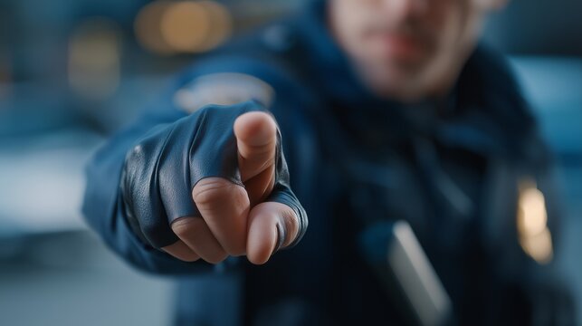 Close-up of a gloved hand pressing the push-to-talk button on a police radio during an emergency response, capturing urgency, communication, and rapid decision-making. cinematic color correction,