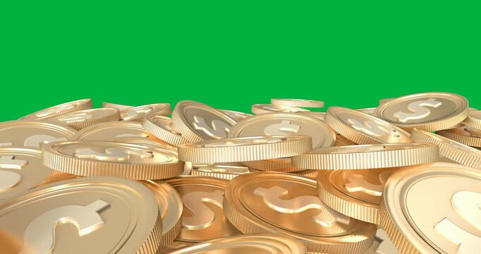 Animation of pile of multiple gold american dollar coins on black background
