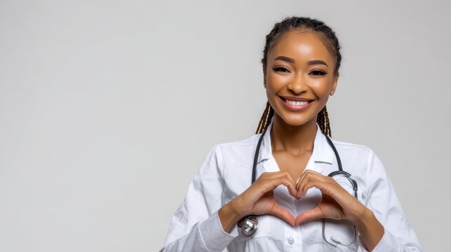 Portrait of a young African American nurse smiling while forming a heart with her hands against a clean white background
