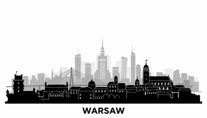 A black and white silhouette of the Warsaw skyline, showcasing modern skyscrapers and historic buildings against a white background.