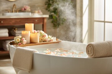 Relaxing spa bath setting with flowers and warm, peaceful ambience