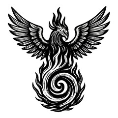 Obraz premium Mythical phoenix rising with flames and spiral tail in black and white art.