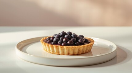 A modern dessert presentation of blueberry cheese pie with clean cuts, served on a minimalist white plate.