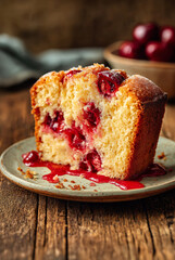 Close-Up of Cherry Loaf Sponge Cake with Melting Juice Pockets and Crumbs on Rustic Wood, Soft Morning Shadows