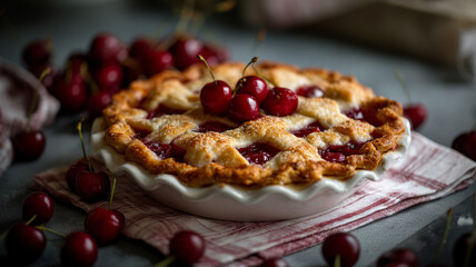 Rustic Cherry Pie Close-Up, Juicy Red Filling and Golden Crust, High-Resolution Dessert Photography