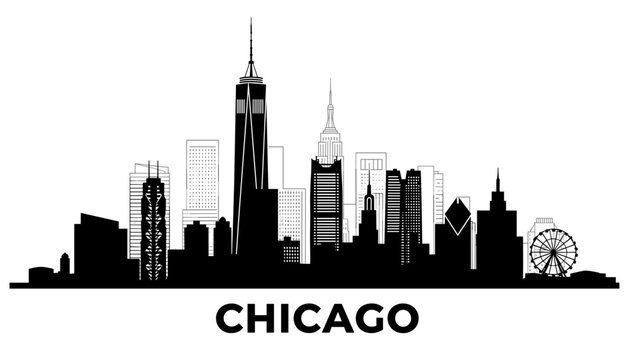 A black and white silhouette of the Chicago skyline featuring iconic skyscrapers and a Ferris wheel.