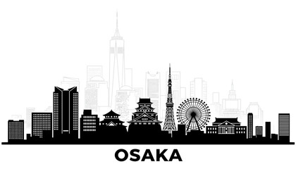 Naklejka premium A black and white silhouette of the Osaka skyline featuring iconic landmarks like Osaka Castle and the Ferris wheel.
