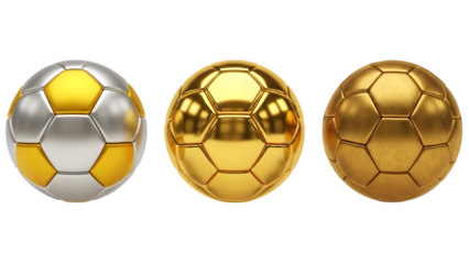 Three shiny gold and silver soccer balls on transparent background