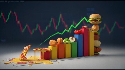 A 3D bar chart with food shows the rising cost of groceries. A green arrow indicates growth against a financial market background. Food inflation and economy concept - Powered by Adobe