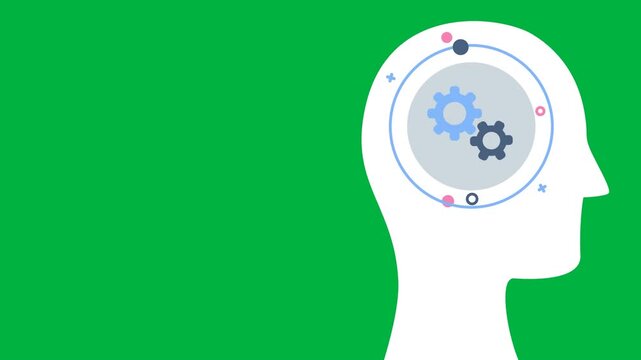 Animation of human head with cogs spinning in circles on black background