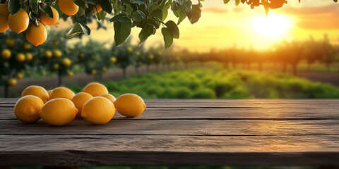 A pile of fresh ripe lemons placed on a rustic wooden table with a beautiful lemon orchard in the background glowing under warm morning sunlight. This image conveys freshness, organic farming