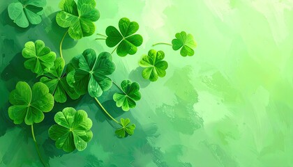 Vibrant green clovers scattered on a textured, shaded green background