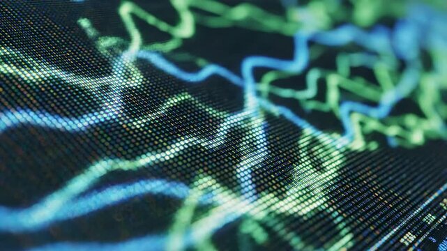Extreme slow motion macro close-up of vibrant shifting pixels displaying complex abstract green and blue analytical graph visualization extreme slow motion, displaying complex abstract, engineering