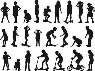 Obraz premium Active,children,silhouettes,playing,with,scooters,and,skateboards,kids,running,jumping,posing,on,white,background,black,vector,illustration,childhood,activity,set