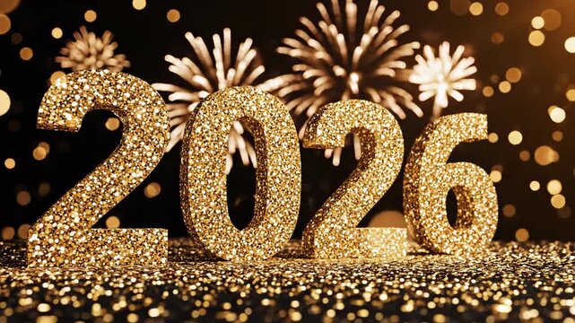Golden glitter 2026 with fireworks and bokeh lights for new year celebration new year