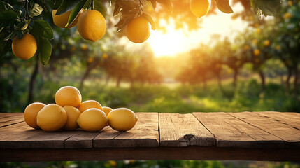 A pile of fresh ripe lemons placed on a rustic wooden table with a beautiful lemon orchard in the background glowing under warm morning sunlight. This image conveys freshness, organic farming