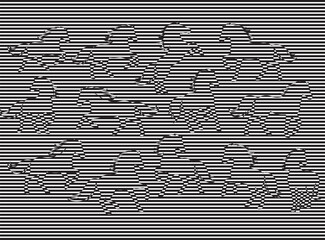 Abstract optical illusion artwork featuring multiple running horses formed by horizontal black and white lines, kinetic motion effect, striped line art, high contrast monochrome design, op art style, 