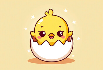 A cute kawaii-style illustration of a chick peeking out from a cracked egg. Large eyes, simple shapes, yellow and white.