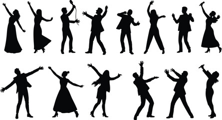 Obraz premium Performer silhouette set, singing poses, microphone gestures, expressive motion, black vector art, stage energy, minimal design, vocal theme