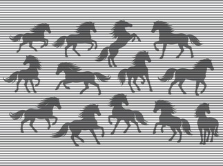 Silhouettes of horses walking on the street in a simple artistic style
